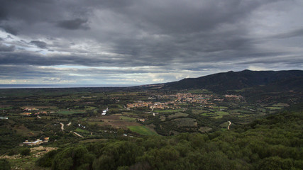 Fototapeta na wymiar aerial view with drone of the castle torre dei doria chiaramonti santa maria goghinas in sardinia