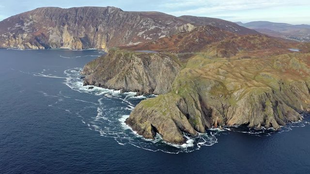 Aerial of Slieve League Cliffs are among the highest sea cliffs in Europe rising 1972 feet or 601 meters above the Atlantic Ocean - County Donegal, Ireland