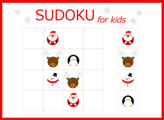 Sudoku for kids. Sudoku. Children's puzzles. Educational game for children. round cartoon santa claus, deer, snowman, penguin