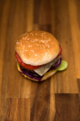Hamburger on the wooden table