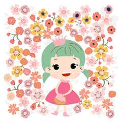 Cute baby girl in flower garden