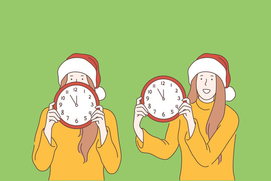 New year, Christmas, time, holiday eve concept. Joyful, happy teen girl in Santa hat is holding watch, five minutes to midnight. Young woman, lady in good mood waiting for the fun. Flat simple vector. - Powered by Adobe