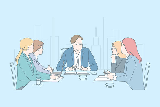 Business, teamwork, together, meeting concept. Young people businessman, businesswoman leadership plan strategy, agree on decision, analyze project. Question journalists. Startup. Flat simple vector.