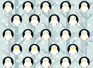 Christmas pattern with round cartoon penguins on a gray snowy background