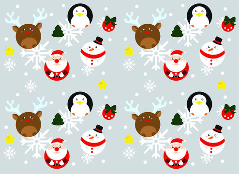 round cartoon santa claus, deer, snowman, penguin on a gray background, vector pattern