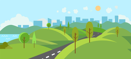 Public park with river and road to city.Vector illustration.Cartoon nature scene with hills and trees.Nature landscape with urban with sky background