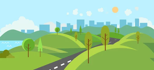 Selbstklebende Fototapeten Öffentlicher Park mit Fluss und Straße zur Stadt. Vektorillustration. Cartoon-Naturszene mit Hügeln und Bäumen. Naturlandschaft mit städtischen mit Himmelshintergrund © vvadyab