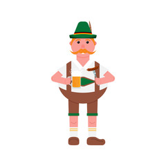 Man in traditional Bavarian costume with a beer and a snack