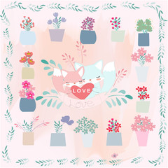 Cute cartoon fox in flower pot border frame