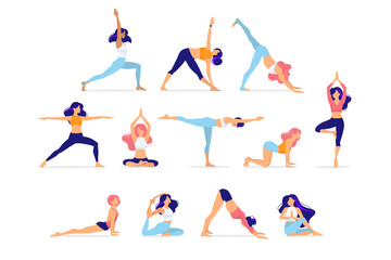 Fototapeta na wymiar Woman activities. Set of women doing sports, yoga, dancing, running, jogging, jumping, fitness. Sport women vector flat illustration isolated on white background in different poses - Vector