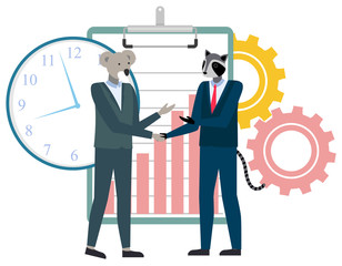 Cartoon animals businessman shaking hands. Agreement or greeting concept. Koala and raccoon in suits. Clipboard with rising chart. Clock vector illustration