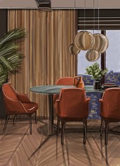 Visualization.  Interior. The interior of the living room.  Banquet room for receiving guests. Luxurious restaurant. 3D illustration.