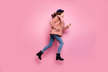 Full length profile photo of millennial lady jumping high rushing running sales shopping wear...