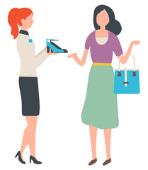Shopping woman buying shoes in shop vector, isolated female with handbag listening to fashion advisor. Lady wearing uniform showing boots on heels