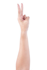 Male asian hand gestures isolated over the white background. Two fingers Action. Victory Pose.