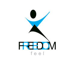 Vector illustration of excited abstract  man with raised reaching up. Successful business career logotype. Corporate development symbol. Freedom creative emblem.