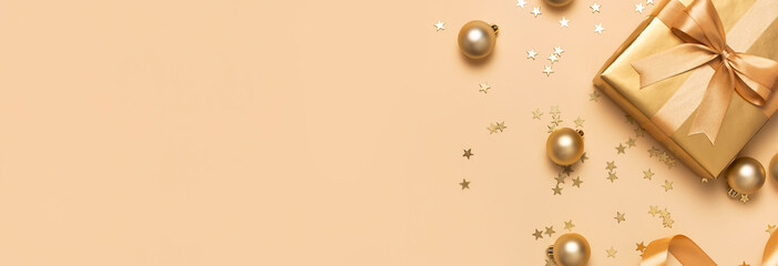 Merry Christmas and Happy Holidays greeting card. Beautiful golden gift with balls and confetti stars on gold background top view Flat lay. New Year presents Festive decorations 2020 celebration