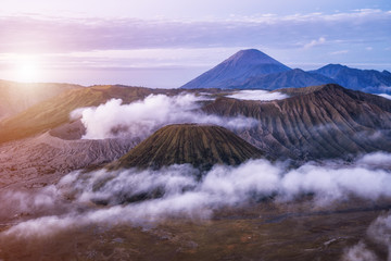 Beautiful landscape of Mount Bromo volcano viewpoint at Bromo Tengger Semeru National Park at sunrise, Indonesia.