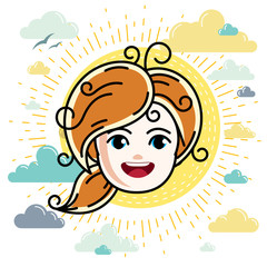 Caucasian type girl face expressing positive emotions, vector human head illustration. Beautiful redhead happy child with stylish haircut.