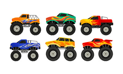 Set Of Six Big Monster Trucks Bright Multicolor Vector Illustration © Happypictures