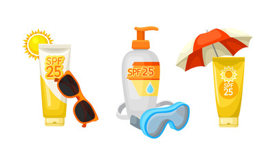 Sun Protection Cosmetics And Stuff For A Summer Holiday And Beach Vector Illustration Set Isolated On White Background