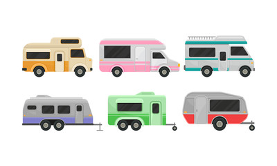 Different Kinds Of Classic Camper Vans And Trailers Vector Illustration Set