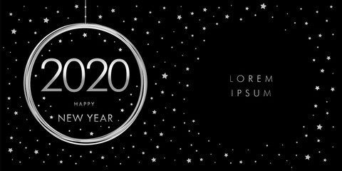 Fototapeta na wymiar Happy new 2020 year! Elegant silver text with light and stars. Minimalistic template. Holiday poster or banner design