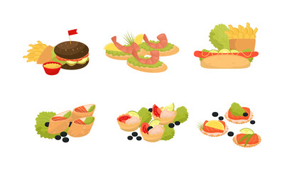 Catering Snacks, Canapes And Apperizers On Banquet Or Party Vector Illustration Set