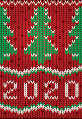 New 2020 year knitted banner with xmas tree, vector illustration