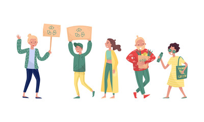 People Take Care Of The Planet And Protest In Support Of The Environment Vector Illustration Set Isolated On White Background