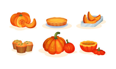 Autumn Seasonal Sweet Pumpkin Dishes Vector Illustration Set Isolated On White Background