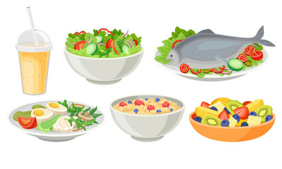 Healthy Fresh Weight Loss Nutrition Vector Illustration Set Isolated On White Background