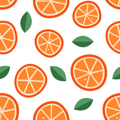 Orange slices seamless pattern. Cartoon vector illustration of juicy oranges and leaves on white background. Summer fruits illustration. Vector