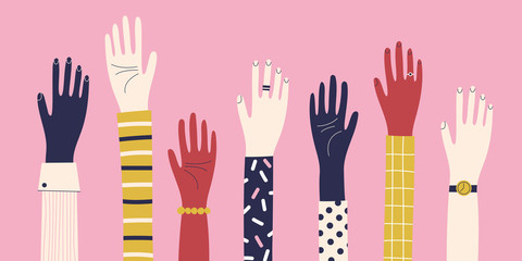 Multiracial colorful peoples' hands raised cartoon concept. Cultural and ethnic diversity. Many people's hands up vector illustration.