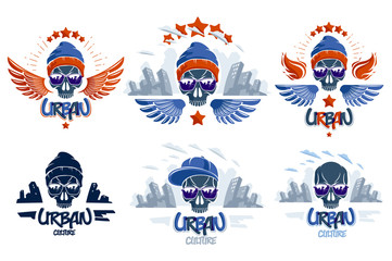 Urban culture style skull in sunglasses vector logos or emblems set, gangster or thug illustrations, anarchy chaos hooligan, ghetto theme.