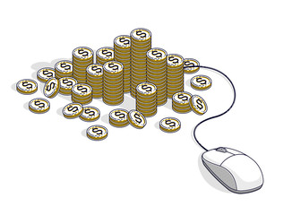Online finance concept, web payments, internet earnings, online banking, cash money stacks with computer mouse connected to piles. Isometric 3d vector business and finance illustration.