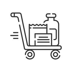 Shopping basket with foods line black icon. Grocery market sign. Doing purchases vector pictogram. Sign for web page, app, promo. UI UX GUI design element. Vector isolated object. Editable stroke.