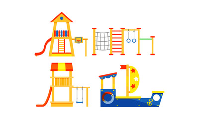 Equipment Of Children Playground Of Different Types Flat Vector Illustration