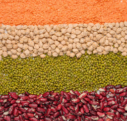 Concept of legumes chickpeas, lentils, beans, mash. Protein plant background top view. Food background