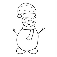 Snowman on a white background in the style of a doodle. Cute winter holiday icon. Black and white illustration vector
