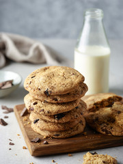 Homemade chocolate chip cookies with milk