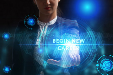 Business, Technology, Internet and network concept. Young businessman working on a virtual screen of the future and sees the inscription: begin new career