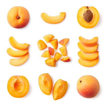 Set of fresh whole and sliced apricot