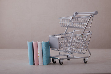 Books with trolley symbol of bookshop. Stack of old books on a wooden shelf and shopping carts © Mikhail