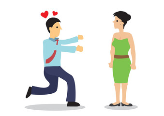 Man in suit chasing a beautiful woman. Concept of seduction or harassment.