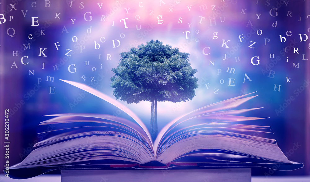 Poster books that are open on the table and the english alphabet float above the book. with a tree of wisdo