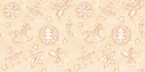 Fototapeta na wymiar Christmas Gingerbread cookies monochrome watercolor hand drawn artistic vintage seamless pattern