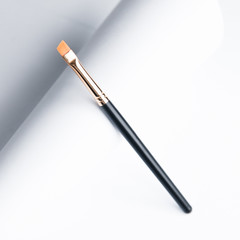 Leather case with makeup brushes. Set of black eyebrow brushes.