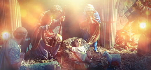 Traditional Christmas scenes and sacred light shining for use in illustration design Nativity...