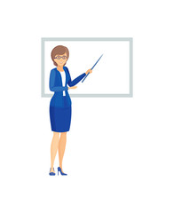 Teacher woman with pointer in classroom, businesswoman giving presentation, teacher explains material and points to board cartoon vector. Modern teaching and education system.